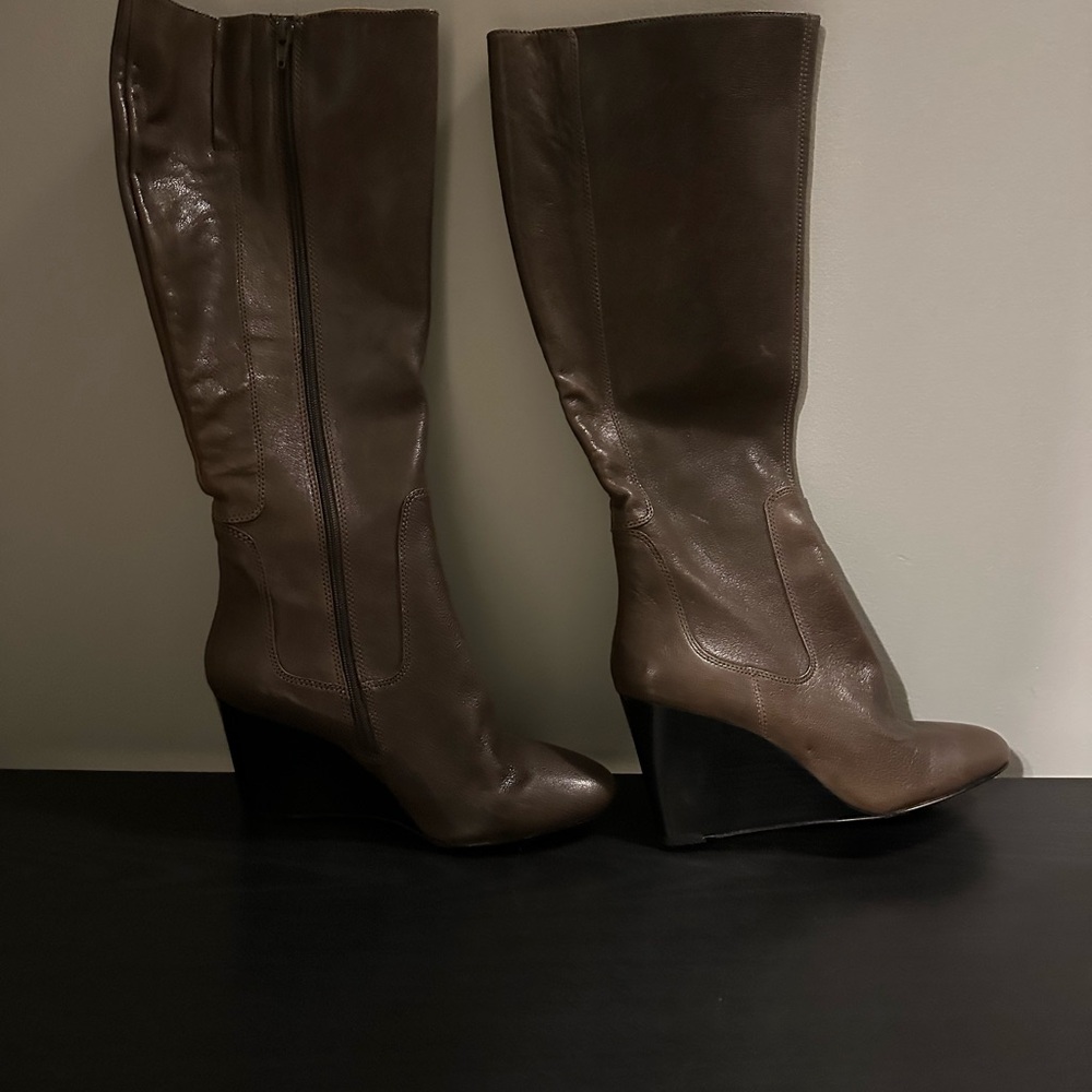 Smokey Grey Leather Knee-High Wedge Boots